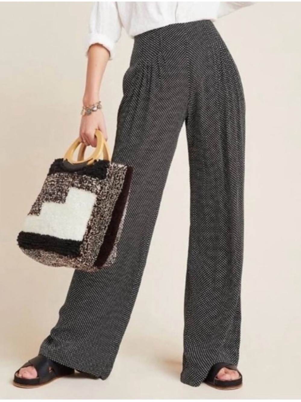 Anthropologie Maeve Size 14 Cabo Black White Polka Dot Wide Leg High Waist Pants